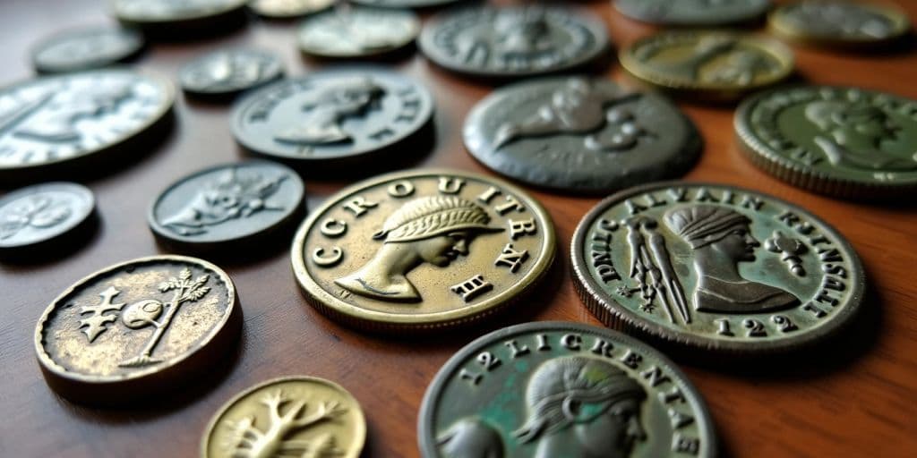 Une collection de pièces de monnaie anciennes sur une table.