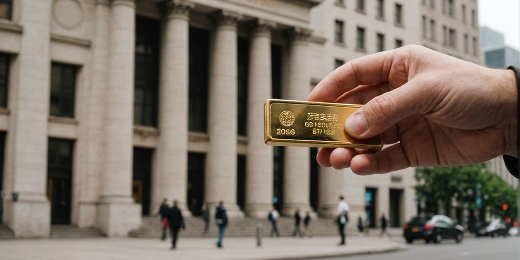 Main tenant un lingot d'or devant une banque.