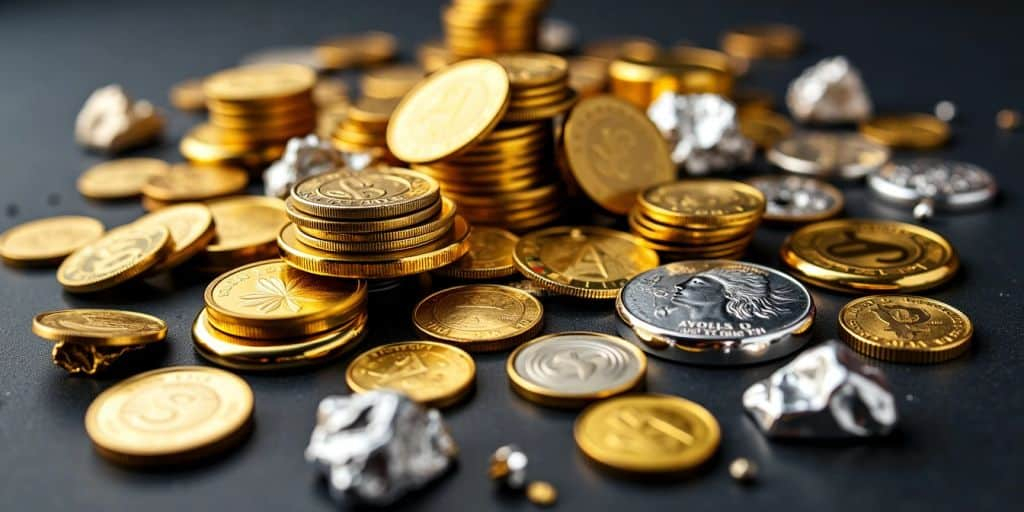 Collection de métaux précieux : or, argent, platine, palladium.
