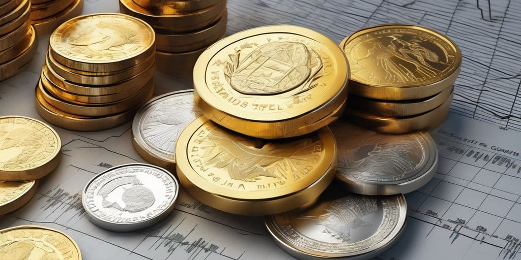gold and silver ETFs, financial analysis, stock market charts, investment growth, precious metals, coins, financial graphs