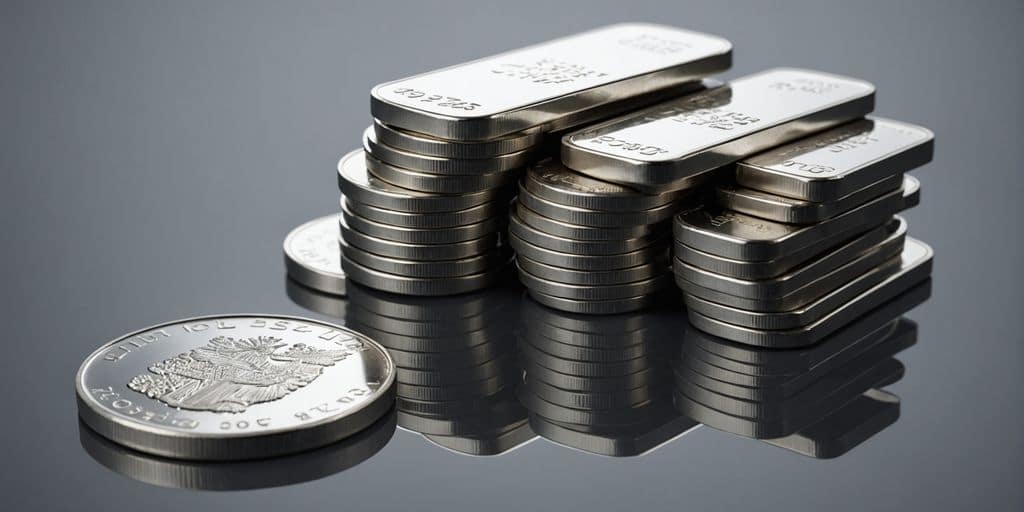 Pièces et lingots d'argent sur une surface réfléchissante.