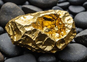 Grosse pépite d'or sur des rochers sombres