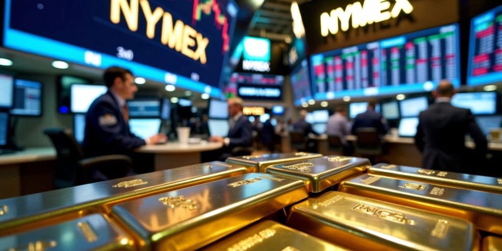 Bourse NYMEX avec des métaux précieux en arrière-plan.