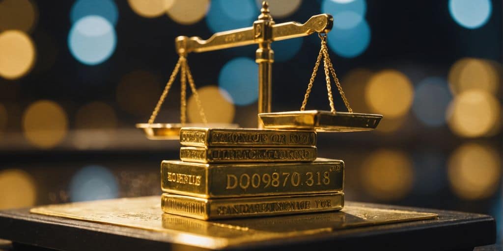 Balance dorée avec pièces d'or et billets de banque