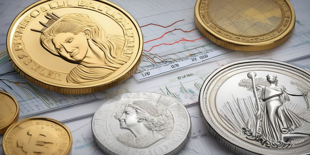 gold and silver coins with financial charts and graphs