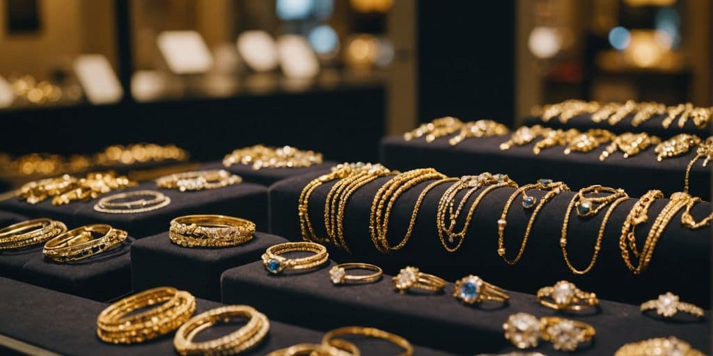 Bijoux en or dans une vitrine de bijouterie.