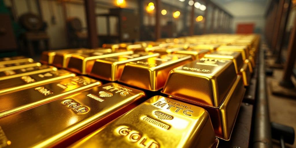 Barres d'or empilées avec des machines industrielles en arrière-plan.