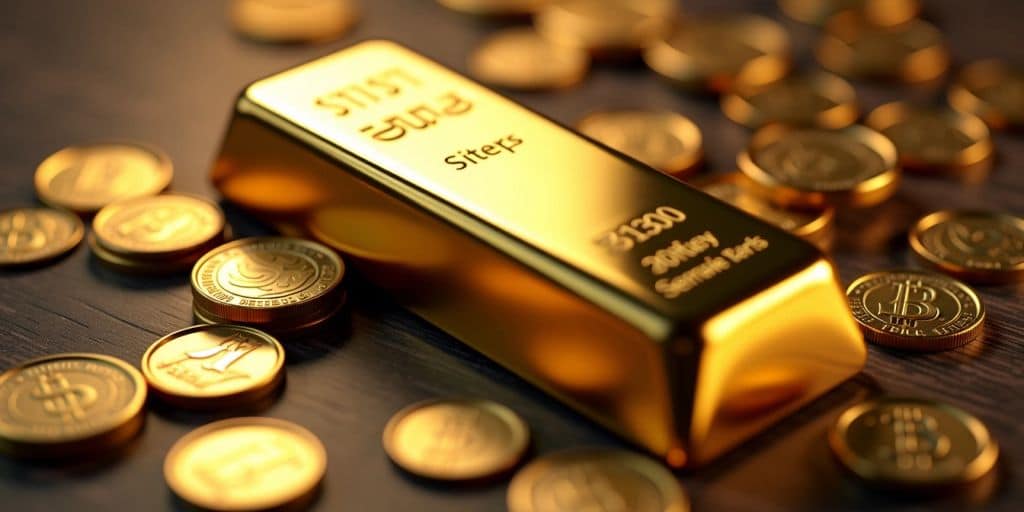Barre d'or sur des pièces, symbole d'investissement.