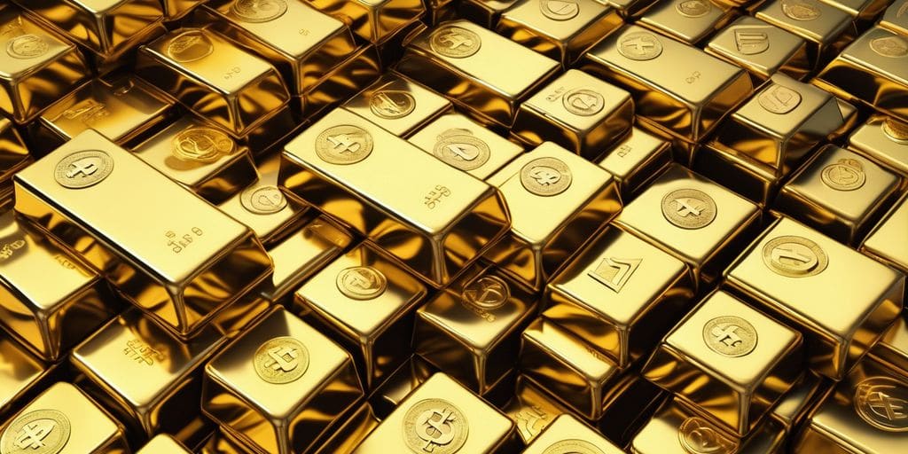 gold bars and digital currency symbols