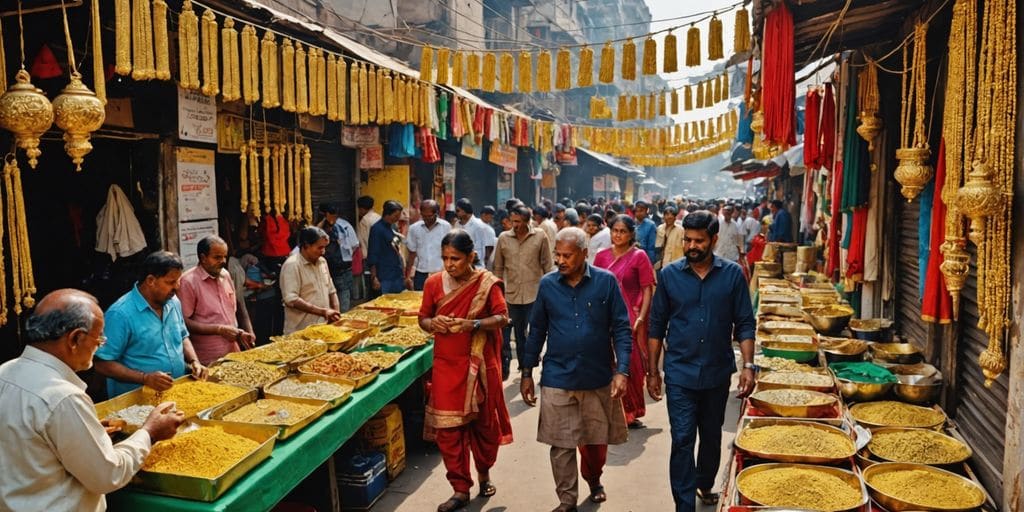 Marché indien animé avec des bijoux en or