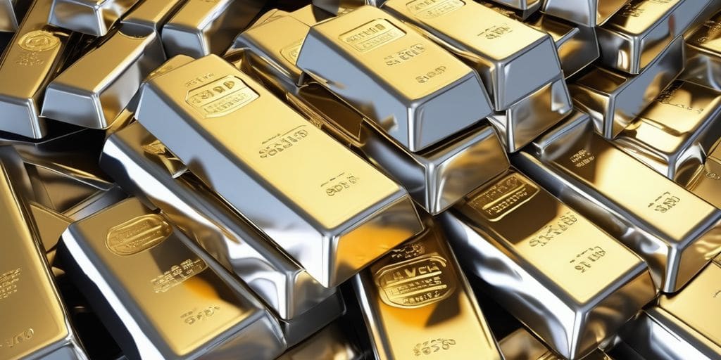 gold bars and silver coins with a financial crisis background