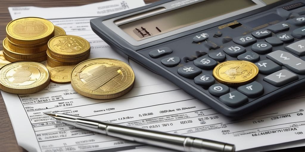 gold and silver coins with tax documents and calculator
