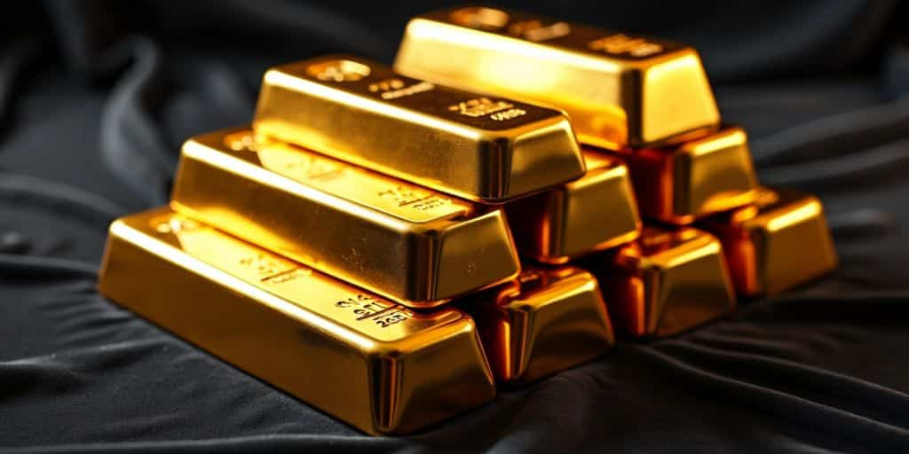 Barres d'or brillantes empilées sur un fond sombre.