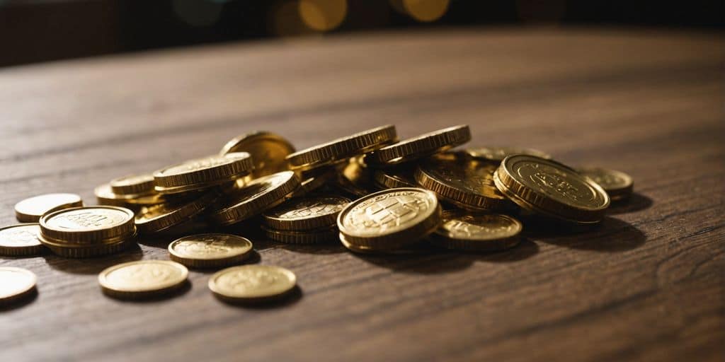 Empilement de pièces d'or sur une table en bois.