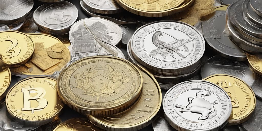 financial market with interest rates and silver coins