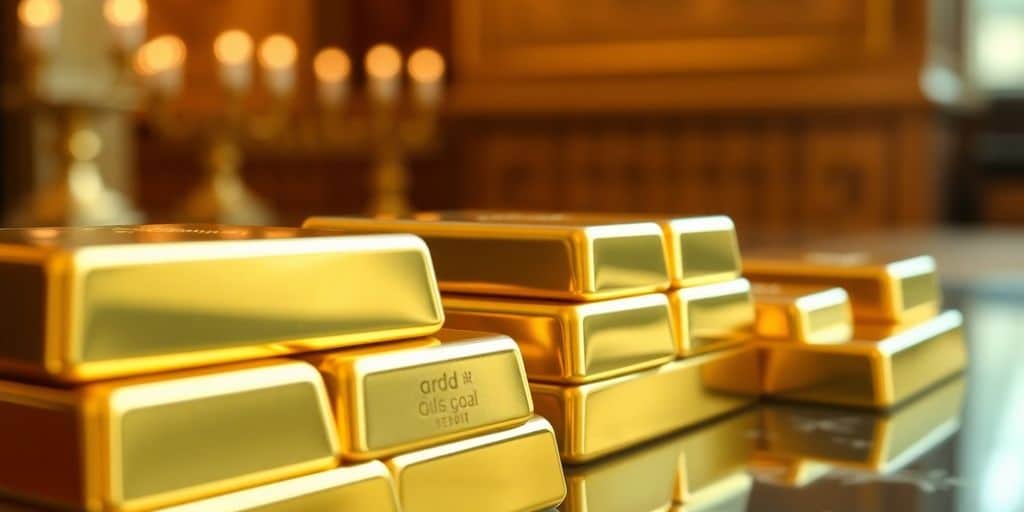 Barres d'or empilées avec éclat et texture.