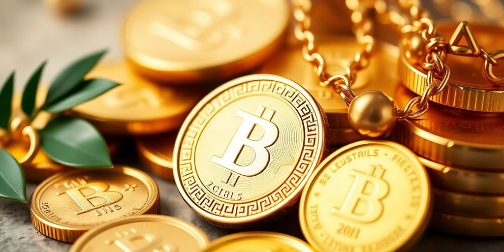Pièces d'or et bijoux brillants sur fond flou.