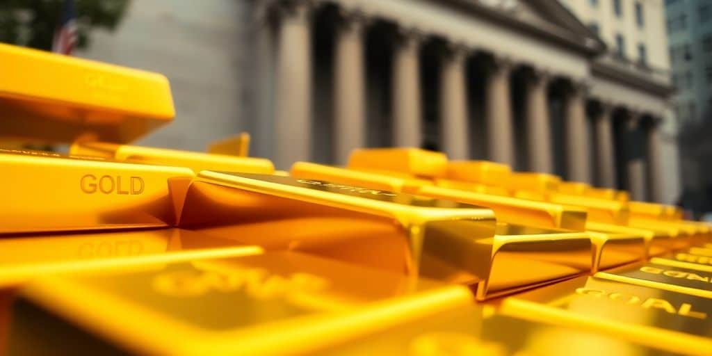 Des lingots d'or empilés avec un bâtiment de banque centrale.