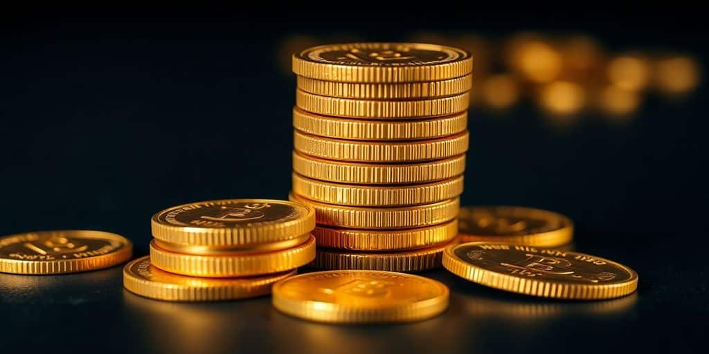 Pièces d'or empilées sur une surface sombre.