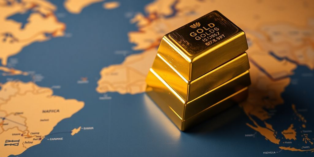 Des lingots d'or sur une carte du monde.