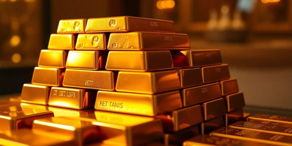 Des lingots d'or empilés dans un cadre luxueux.