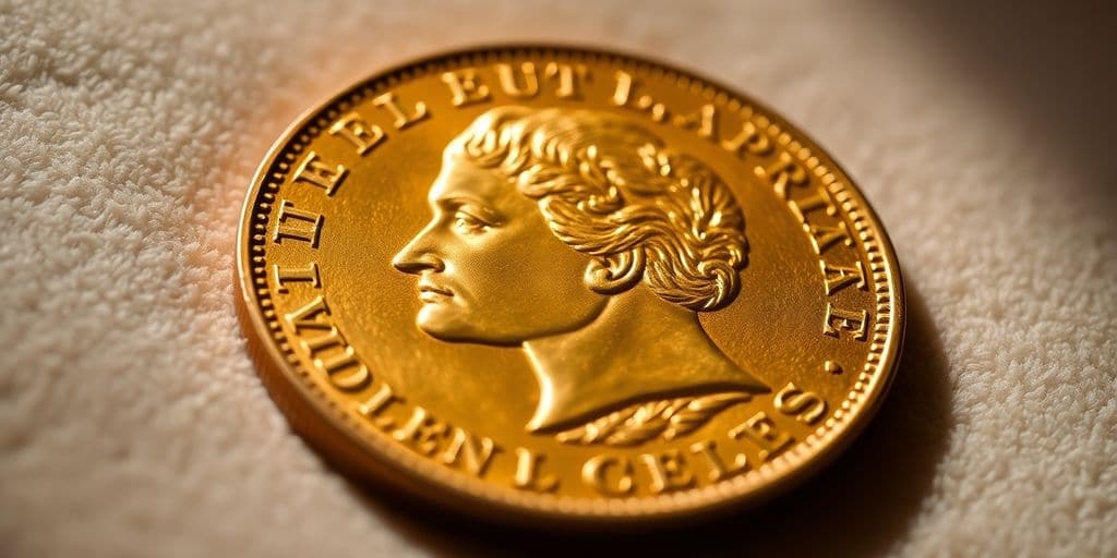 Pièce de Napoléon en or sur un fond velouté.