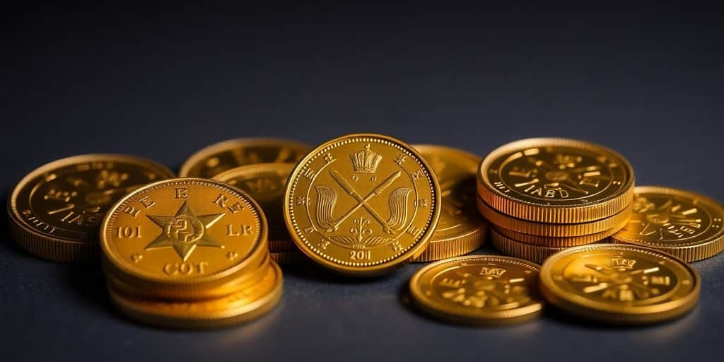 Pièces de monnaie Napoléon en or bien alignées.