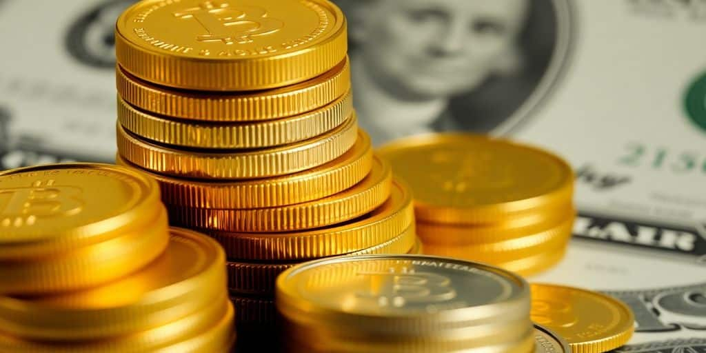 Pièces d'or et d'argent empilées sur un billet.