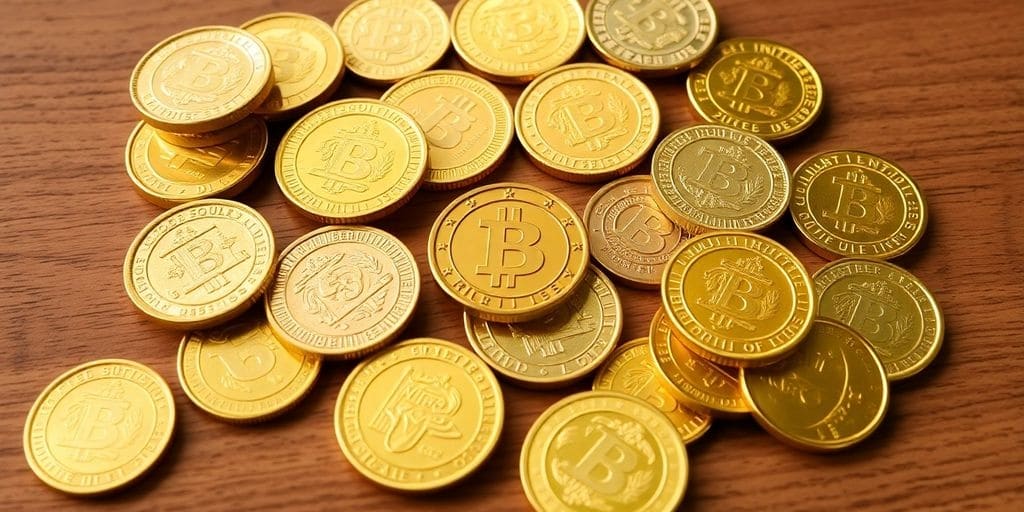 Pièces d'or brillantes sur une surface en bois.