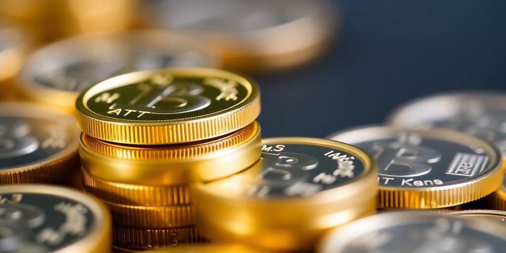 Pièces d'or et d'argent empilées sur une surface.