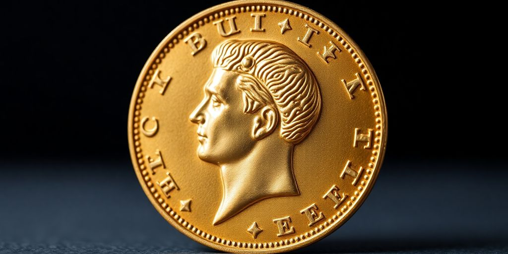 Pièce en or Napoléon sur fond sombre.