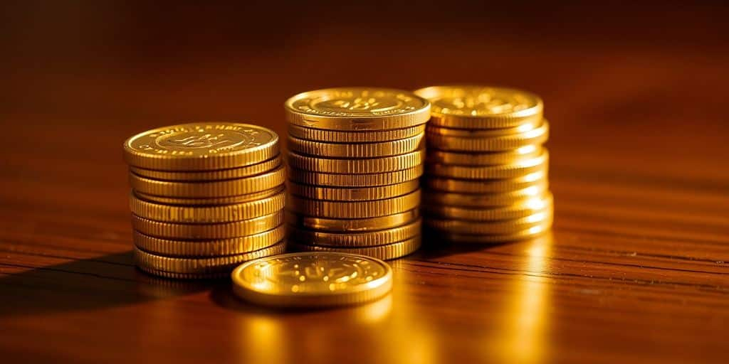Pièces d'or empilées sur une surface en bois.