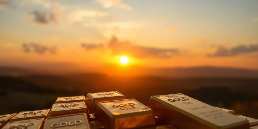 Coucher de soleil doré avec des lingots d'or.