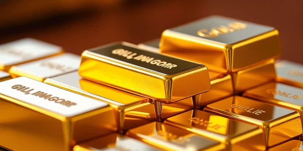 Barres d'or empilées avec reflets lumineux.