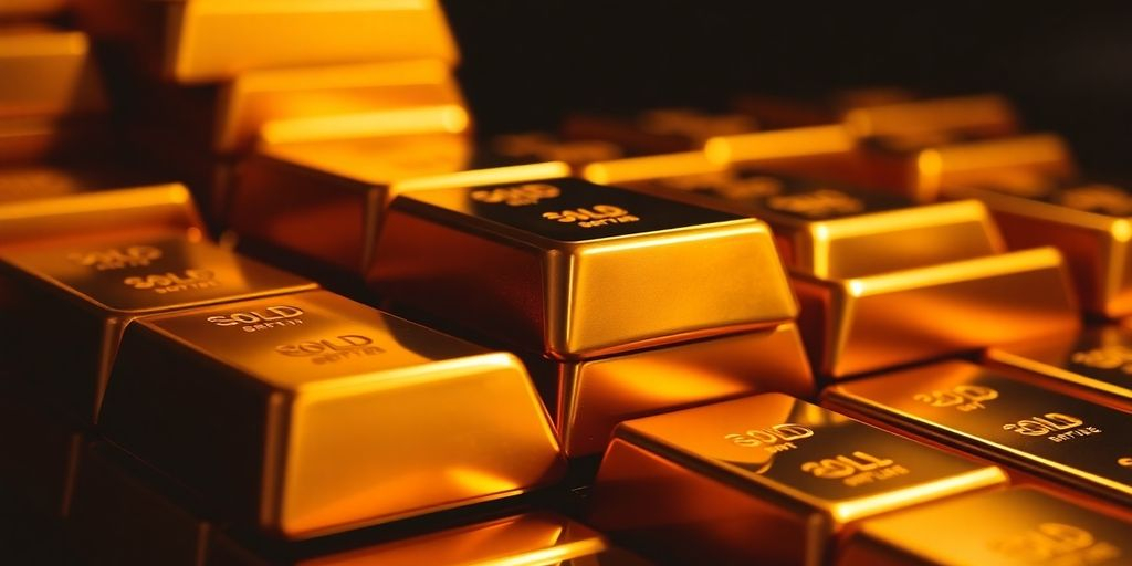 Des barres d'or empilées sur un fond sombre.