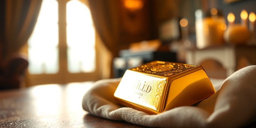 Lingot d'or sur un tissu doux.