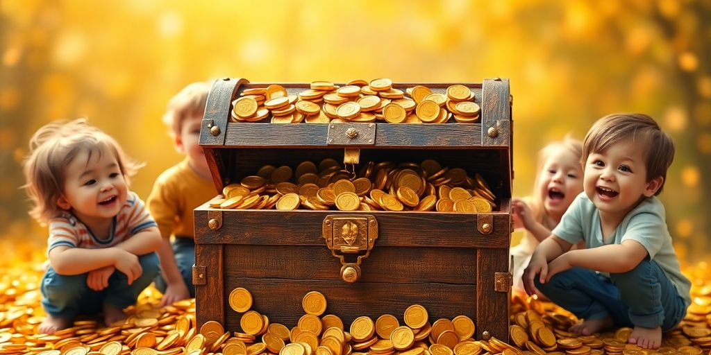 Coffre au trésor avec des pièces d'or et des enfants.