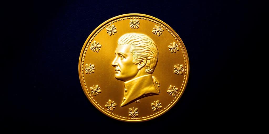 Pièce en or de Napoléon sur fond velouté.