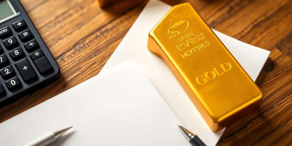 Lingot d'or sur une table avec une calculatrice.