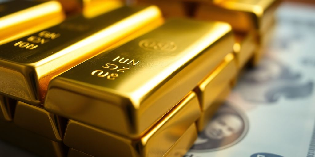 Barres d'or empilées avec un billet de banque flou.