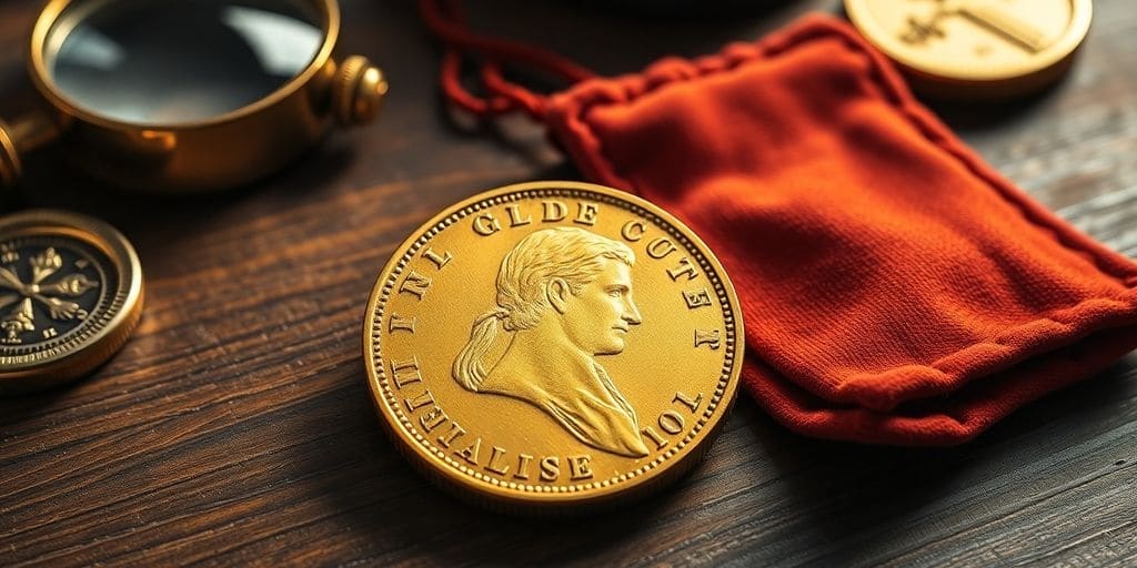 Pièce d'or Napoléon sur une table en bois.