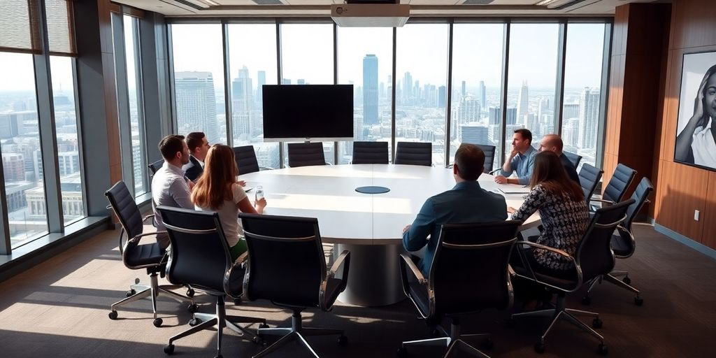 Salle de réunion moderne avec participants en discussion.