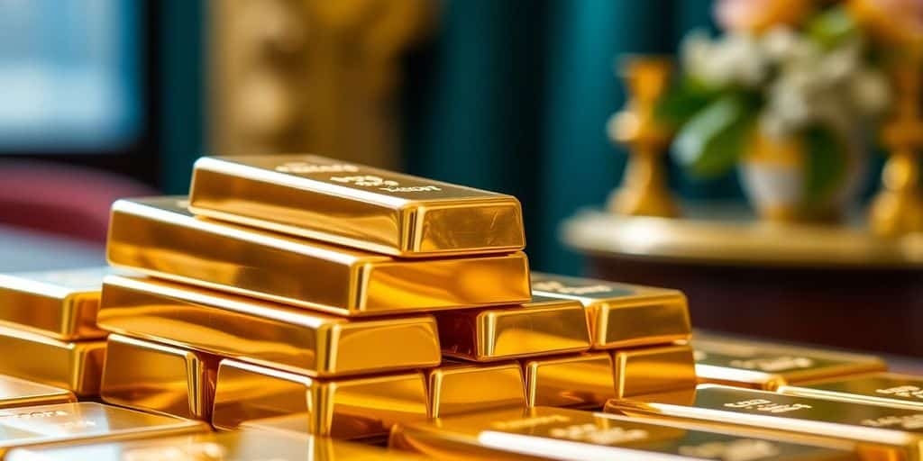 Des lingots d'or empilés dans un cadre luxueux.
