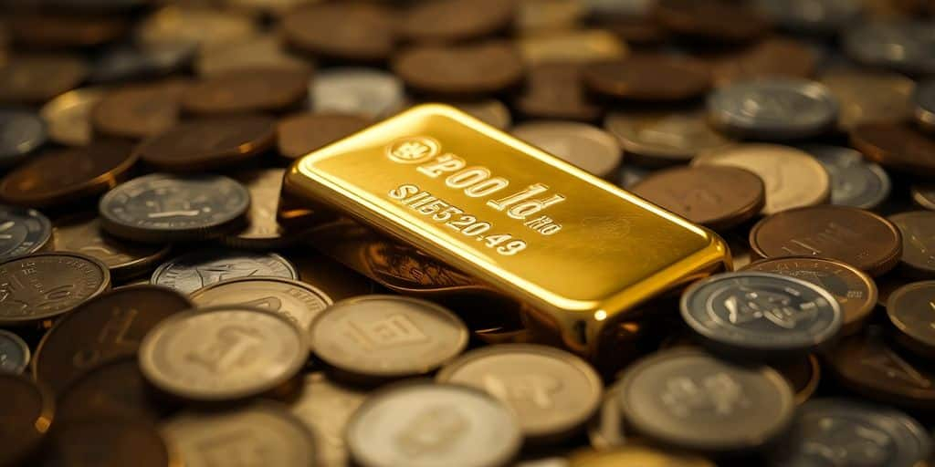Un lingot d'or sur un lit de pièces.