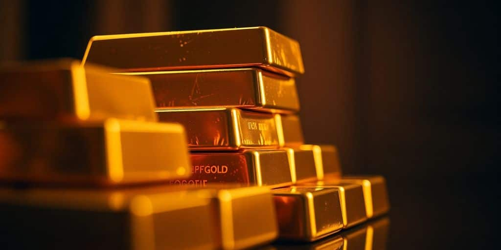 Barres d'or empilées avec éclat et texture.