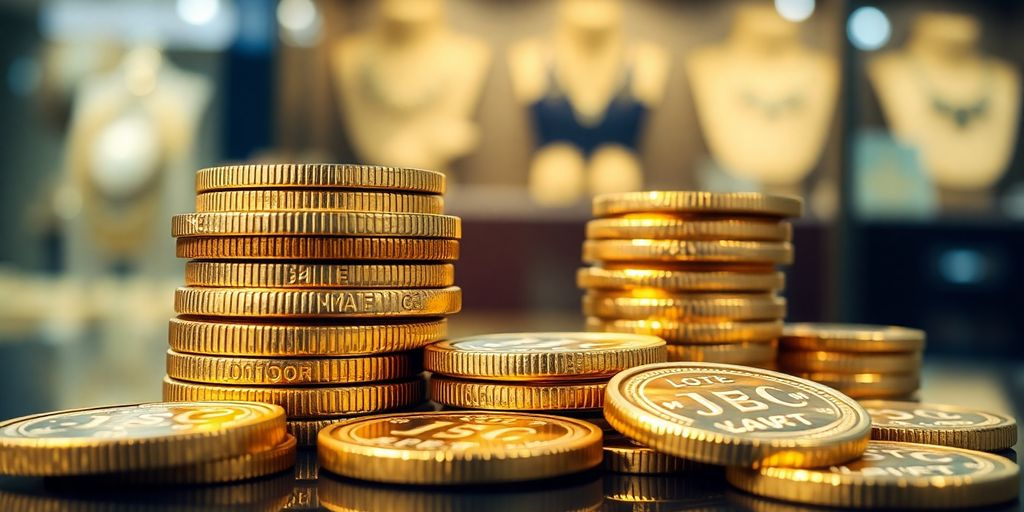 Pièces d'or brillantes empilées sur un fond flou.