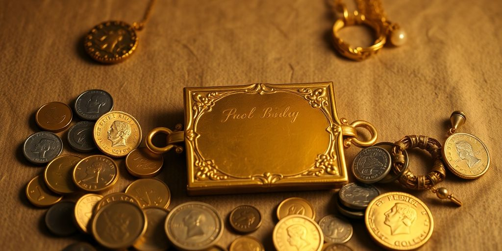 Artefact doré parmi des pièces anciennes et bijoux.