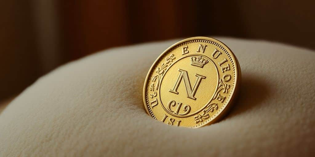 Pièce d'or Napoléon sur un coussin en velours.