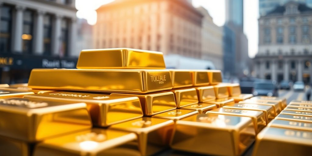 Des lingots d'or empilés avec un arrière-plan flou.
