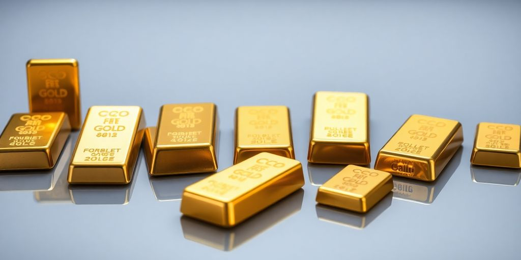 Différents formats de lingots d'or sur une surface réfléchissante.
